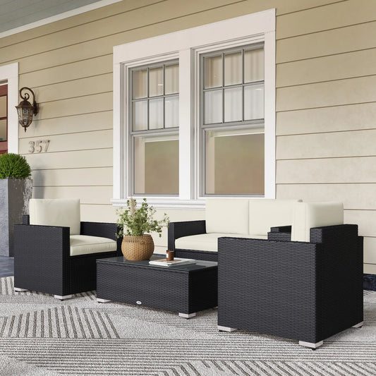 Outdoor Wicker Furniture Set with Table, Loveseat & 2 Chairs, Cream Patio Furniture Sets Black Rattan, Cream Cushion at Gallery Canada