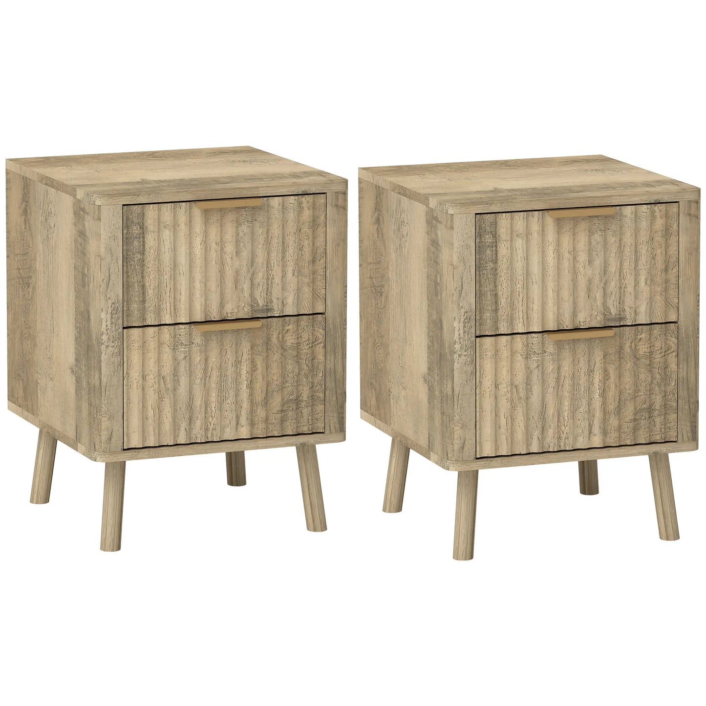 Night Stands Set of 2, Finger Pulls, Fluted Drawers, Round Edges, Oak Bedside Tables at Gallery Canada