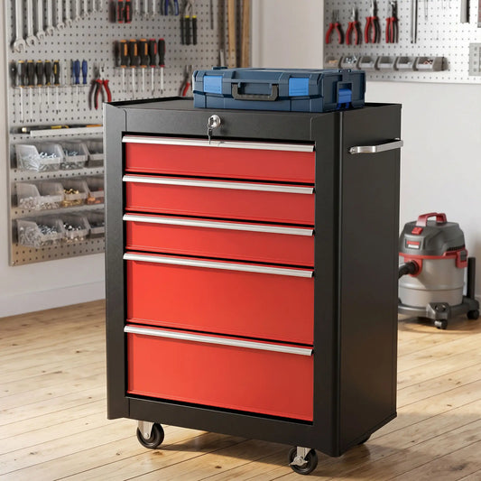 5-Drawer Rolling Tool Chest, Lockable Tool Cabinet, 4 Wheels, Black, Red Tool Organizers Red and Black at Gallery Canada
