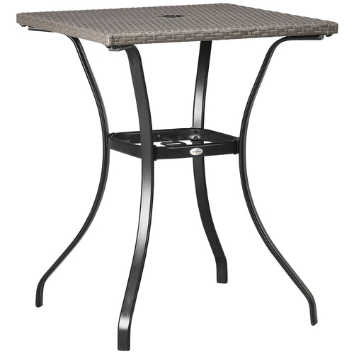 Patio Wicker Dining Table with Umbrella Hole, Outdoor PE Rattan Coffee Table with Plastic Board Under the Full Woven Table Top for Patio, Garden, Balcony, Light Grey