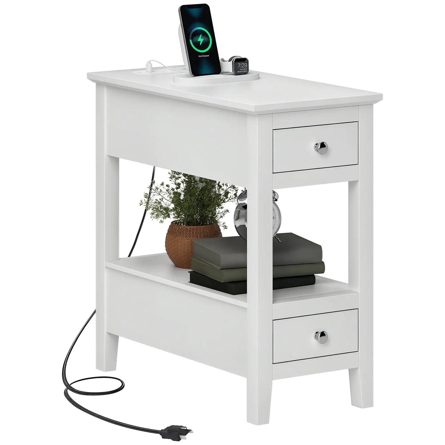 Narrow Side Table, Charging Station, USB Ports, Storage Shelf, Drawers, White Side Tables at Gallery Canada