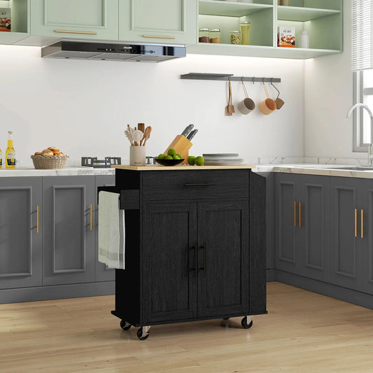 Rolling Island with Wheels for Kitchen, Kitchen Island on Rollers with Power Outlets, Drawer and Doors Kitchen Islands & Kitchen Carts Black, Oak at Gallery Canada