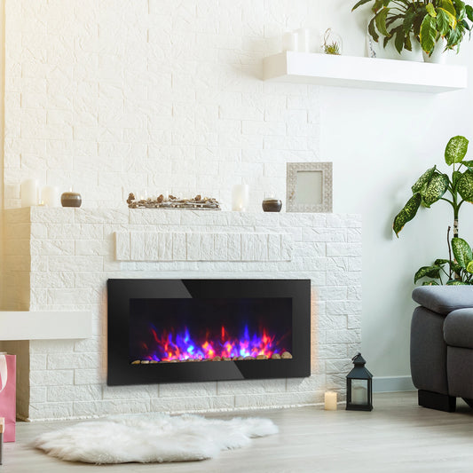 36" Wall-Mounted Electric Fireplace, 750/1500W, Flame Effect, 7 Color Light, Black Electric Fireplaces Black at Gallery Canada