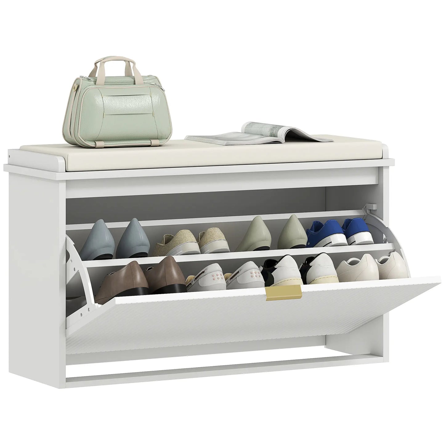 Entryway Bench with Padded Seat, Flip-Drawers, Holds 265lbs, Shoe Storage for 8 Pairs, White Shoe Storage Cabinets & Racks at Gallery Canada