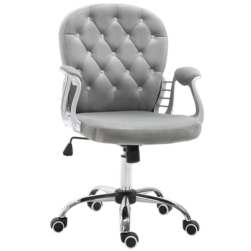 Velvet Vanity Office Chair, Button Tufted Swivel Chair with Adjustable Height, Padded Armrests and Tilt Function, Grey