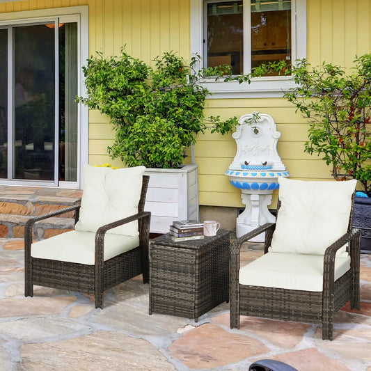 3-Piece Wicker Patio Set, Rattan Bistro with Storage Table, Thickened Cushions, Beige Bistro Sets Mixed Brown at Gallery Canada