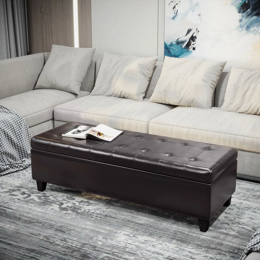 Storage Ottoman Bench, 51 Inches PU Leather, Solid Wood Legs, Brown Storage Ottomans & Benches Brown at Gallery Canada