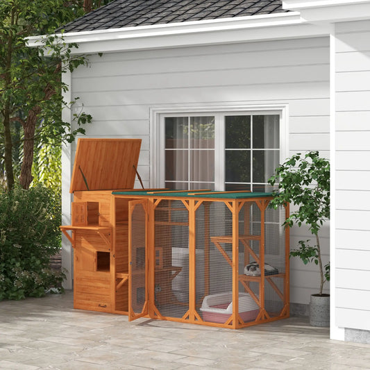76"L Wooden Cat Catio, Outdoor Cat House, Asphalt Roof, Orange Outdoor Cat Enclosures Orange, Green at Gallery Canada