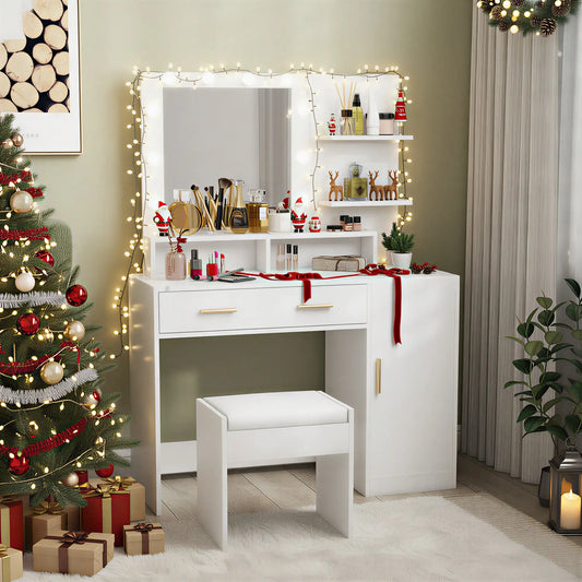 LED Dressing Table Set with Stool, Mirror, Drawer, Shelves Dressing & Vanity Tables White at Gallery Canada