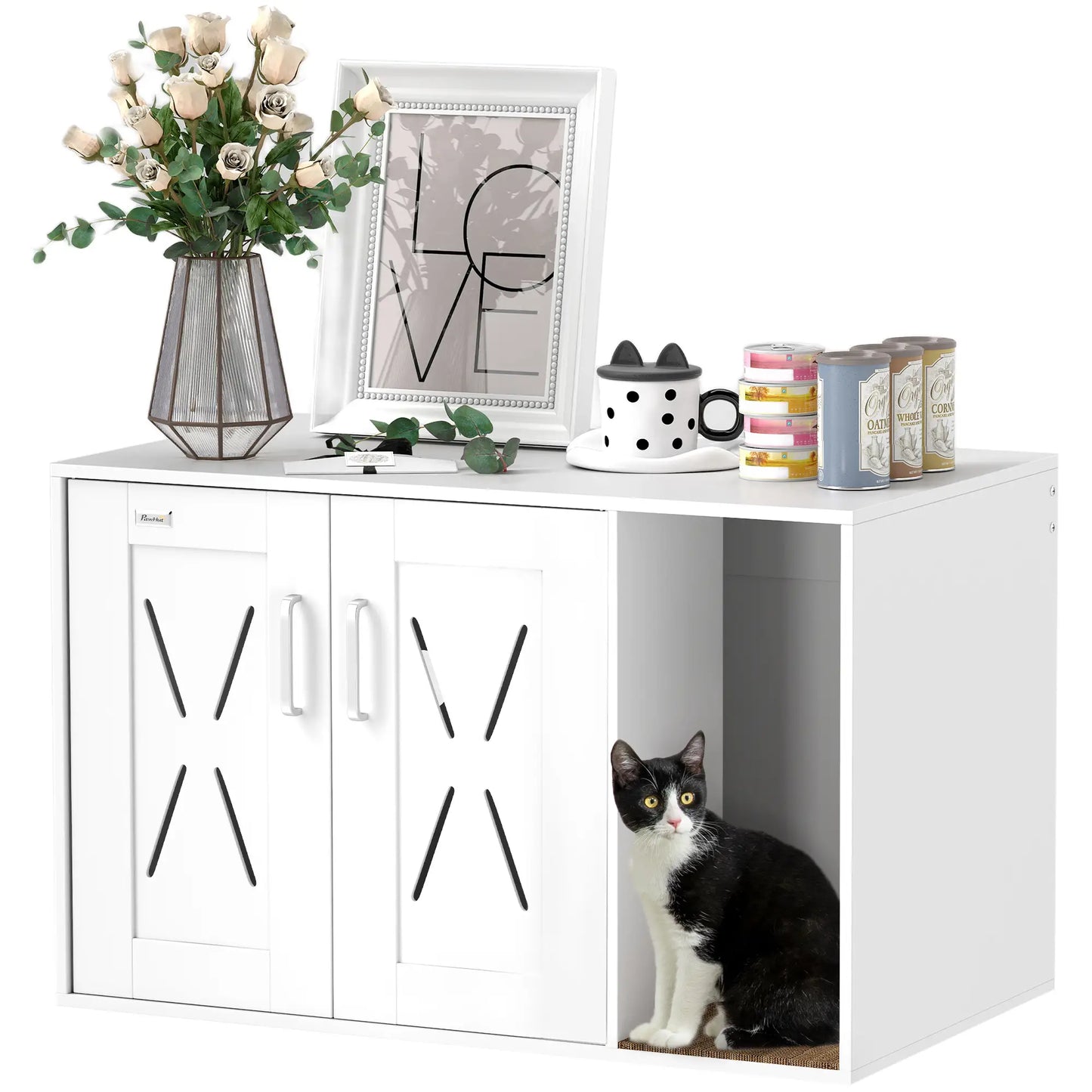 Hidden Cat Litter Box Enclosure with Scratching Board, 31.5" x 19" x 20", White Cat Litter Box Enclosures at Gallery Canada
