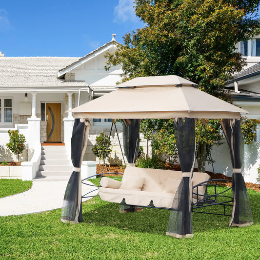 3 Person Outdoor Daybed, Canopy Gazebo Swing Chair, Mesh Mosquito Net, Sun Shade, Beige Porch Swings with Canopy Beige at Gallery Canada