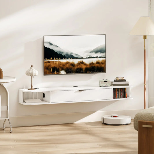 55 Inch Floating TV Stand, Wall Mounted Media Console, Flip Drawer, 2 Shelves, White TV Stands White Wood Grain at Gallery Canada