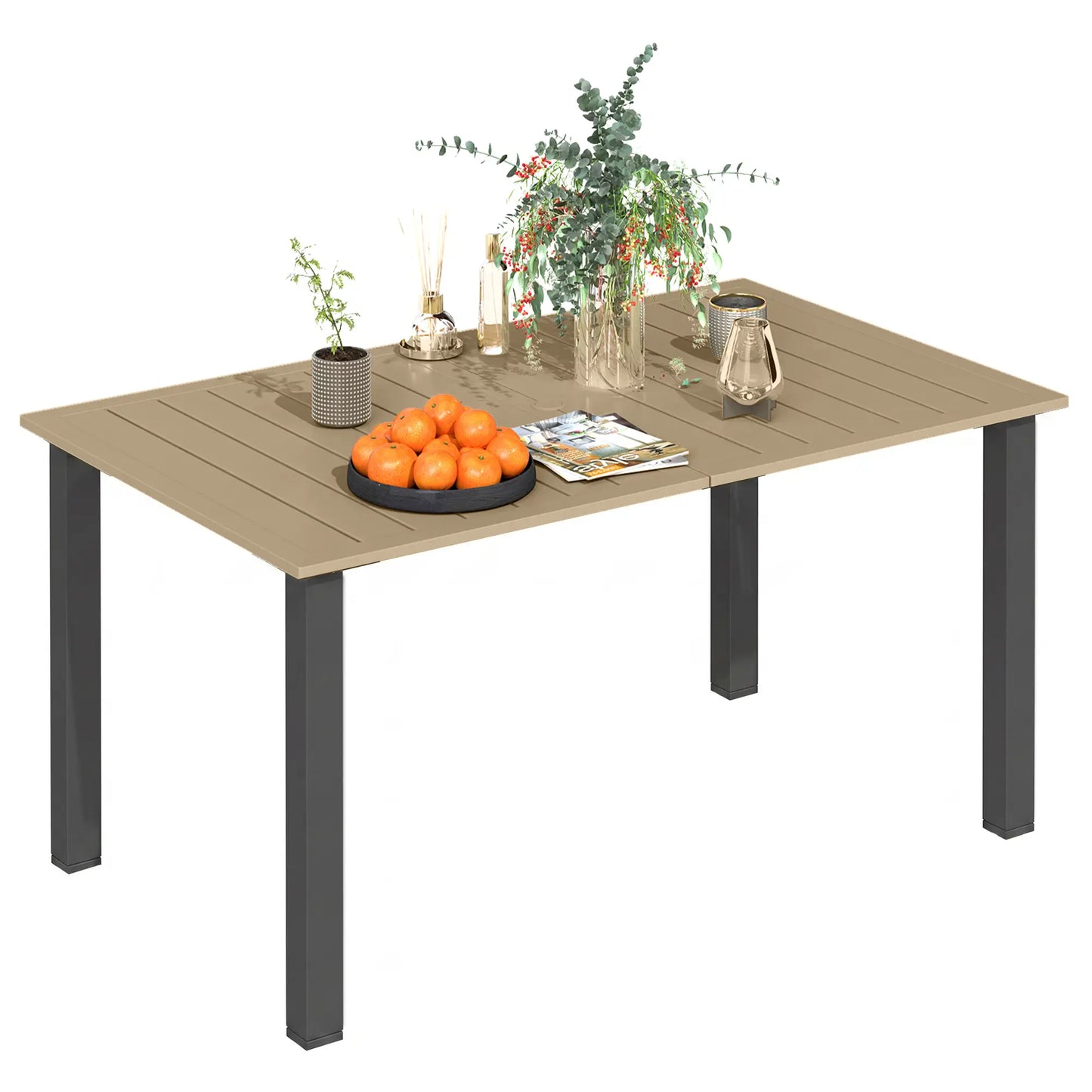 59" Outdoor Patio Table with Umbrella Hole, Slatted Tabletop, Brown Patio Dinning Tables at Gallery Canada