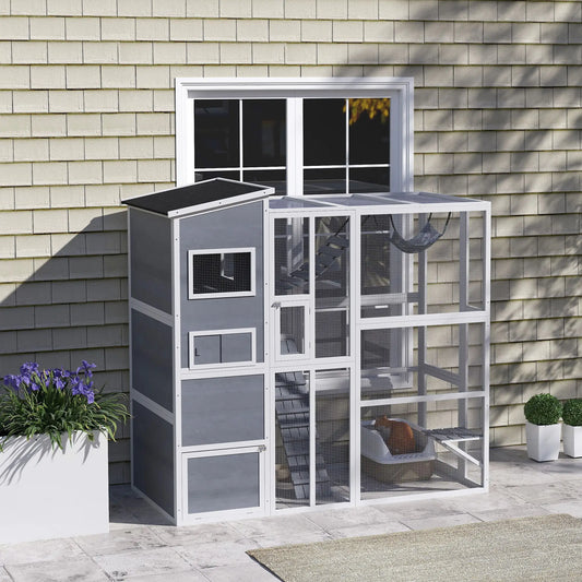 76" Catio Outdoor Cat Enclosure with Condo, Platforms, Grey Outdoor Cat Enclosures Grey at Gallery Canada