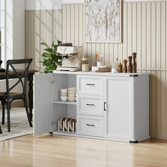 Sideboard With 3 Drawers, 2 Doors, 47" Buffet Cabinet, White Wood Grain, White