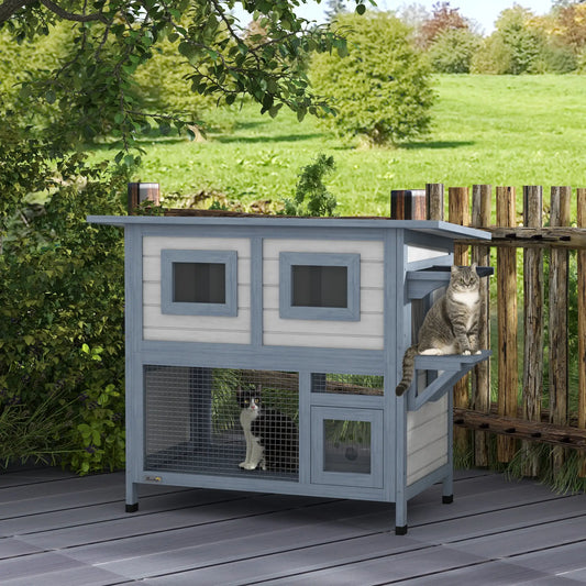 Maison pour chat extérieur à 2 niveaux, porte d'évasion, plate-forme de saut, gris clair