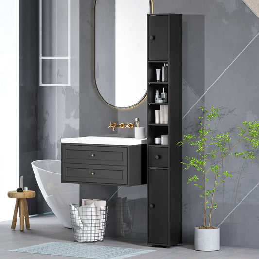 71" Tall Bathroom Cabinet, Narrow Toilet Paper Storage, 2 Door, Adjustable Shelves, Black Bathroom Cabinets Black Wood Grain at Gallery Canada