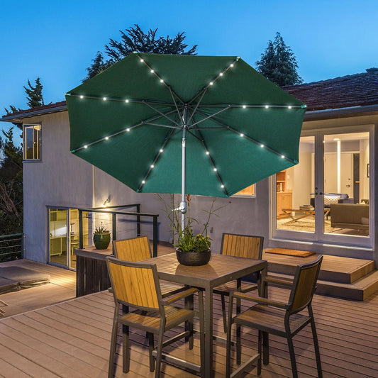 9ft Solar Patio Umbrella, 24 LED Lights, Tilt Canopy, Green Sun Umbrellas Green, Dark Grey at Gallery Canada