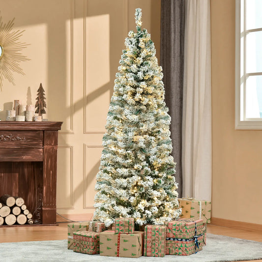 6ft Prelit Snow Flocked Pencil Christmas Tree, Warm White LED, Green Pre Lit Christmas Trees Green, White at Gallery Canada