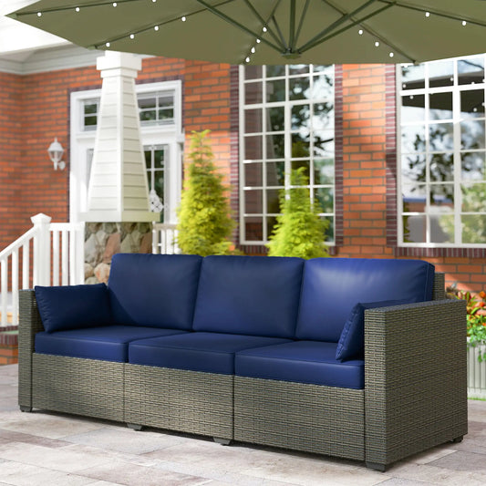 3-Seater Outdoor Sofa, PE Rattan Patio Couch With Cushions, Blue/Brown