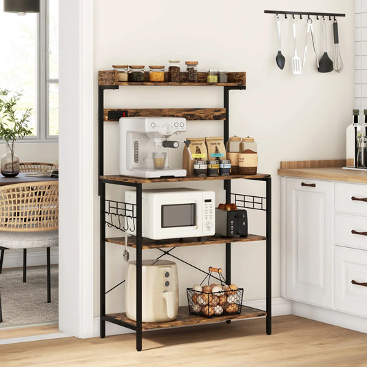 Kitchen Baker's Rack with Power Outlet, Coffee Bar Station with Adjustable Shelves and Hooks, Rustic Brown Bar Cabinets Rustic Brown, Black at Gallery Canada