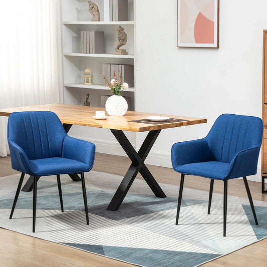 Dining Chairs Set of 2, Upholstered Linen Fabric, Metal Legs, Dark Blue