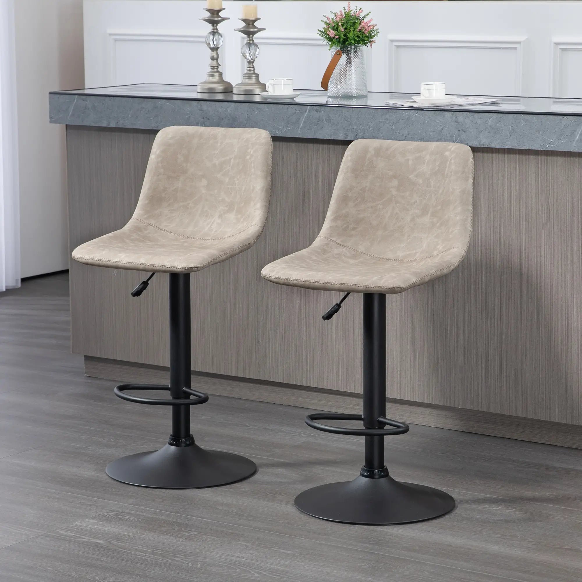 Adjustable Counter Height Bar Stools, Set of 2, 360° Swivel, Vintage Leather, Beige Bar Stools at Gallery Canada