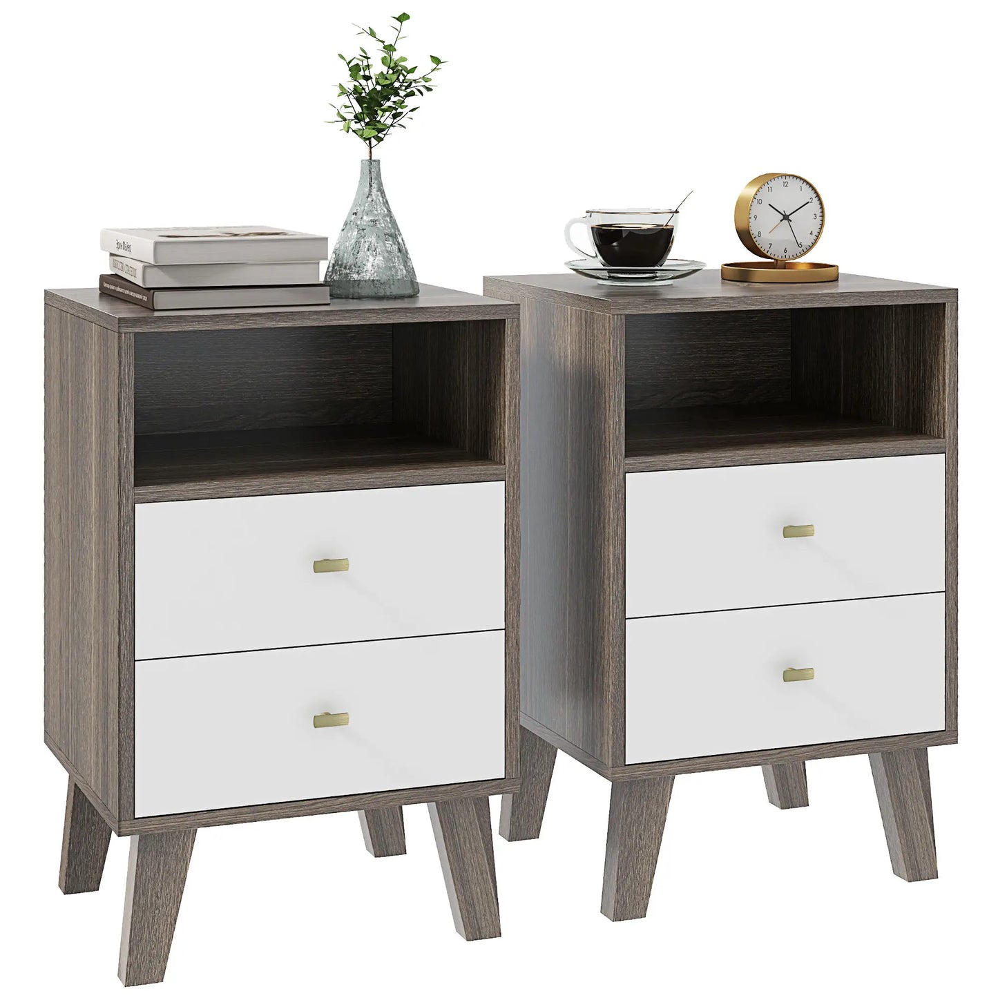 Modern Nightstand Set Of 2, 2 Drawers With Open Storage, Grey Bedside Tables at Gallery Canada