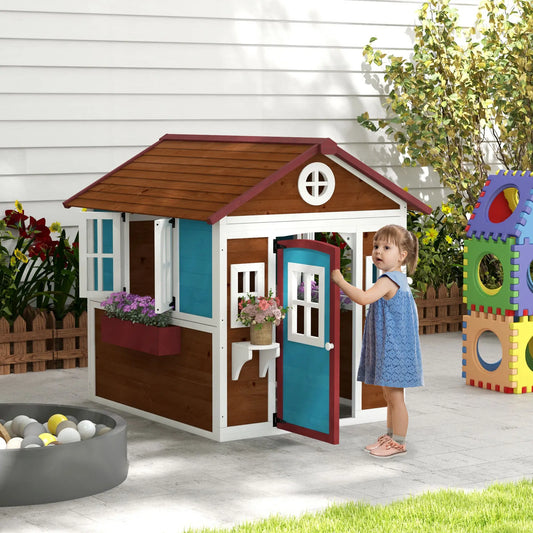 Wooden Playhouse for Kids Outdoor with Door, Windows, Planter Pots and Boxes for Toddlers 3-8 Years, Beige Play Houses Beige, Green, Red at Gallery Canada