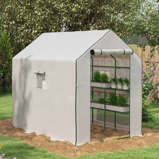 Portable Walk-In Greenhouse, 4.6' x 4.7', 2 Tier Shelves, White