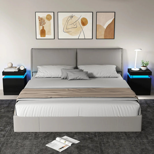 Nightstand Set of 2, End Tables with LED Lights, 2 Drawers, Black