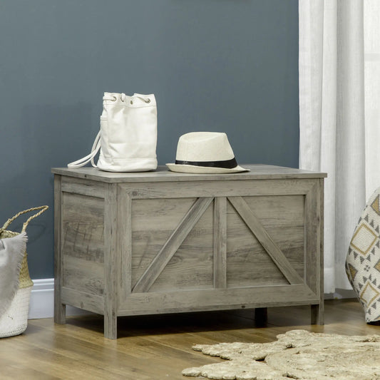 Farmhouse Storage Trunk Box, Safety Hinge, Grey Wood Grain, Grey Storage Cabinets Grey Wood Grain at Gallery Canada