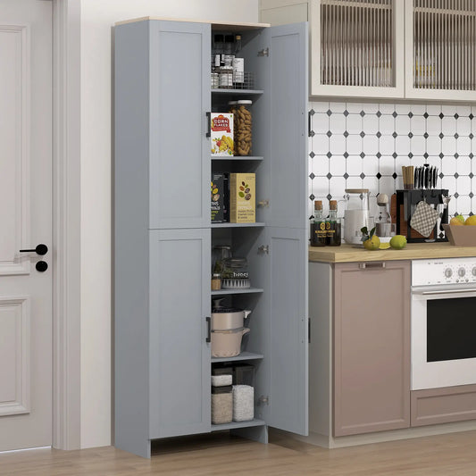 67" 4-Door Kitchen Pantry Cabinet, Freestanding, Adjustable Shelves, Grey Kitchen Pantry Cabinets Grey and Natural Wood Effect Top at Gallery Canada
