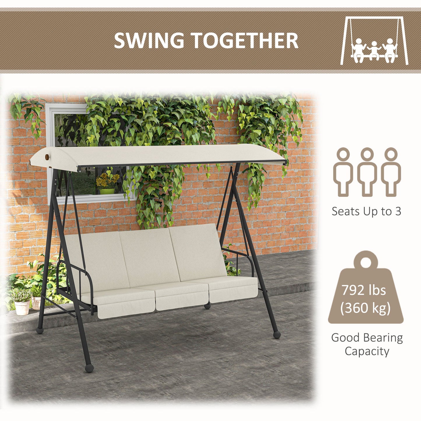 3-Seat Outdoor Porch Swing Patio Swing with Adjustable Canopy, Removable Seat and Back Cushion for Garden, Poolside at Gallery Canada