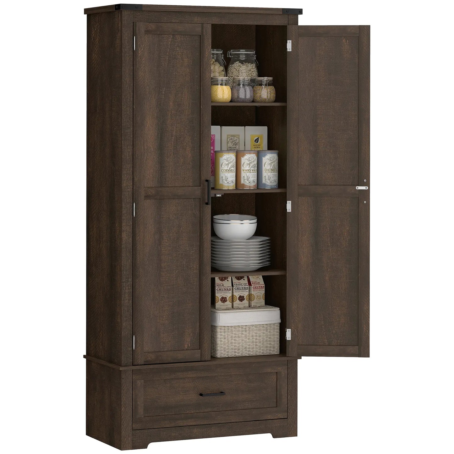 69" Tall Kitchen Pantry Cabinet, 2 Doors, Drawer, Adjustable Shelves, Dark Brown Kitchen Pantry Cabinets at Gallery Canada