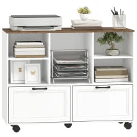 2 Drawer Mobile Filing Cabinet with Wheels, Walnut and White, Walnut and White