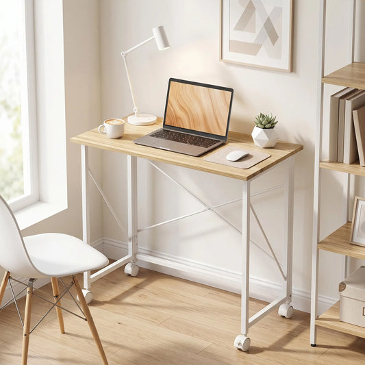 Bureau pliant avec roulettes de 80 cm, bureau pour domicile, bois naturel