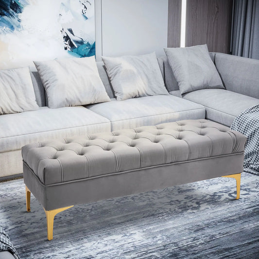 Upholstered End of Bed Bench, Button Tufted, Grey Storage Ottomans & Benches Grey at Gallery Canada
