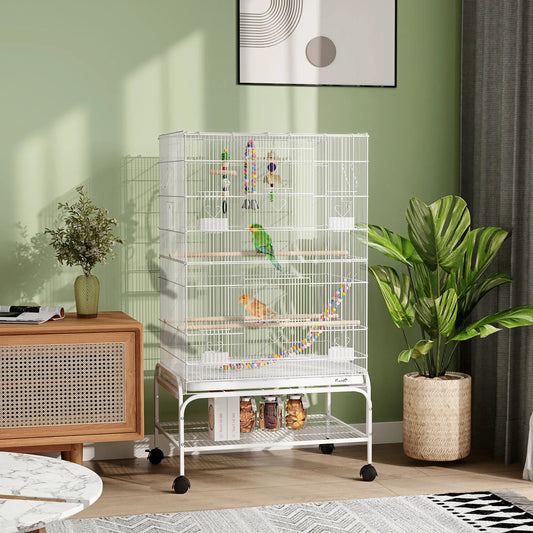 43" Bird Cage With Rolling Stand, Toys, For Budgies Canaries, White
