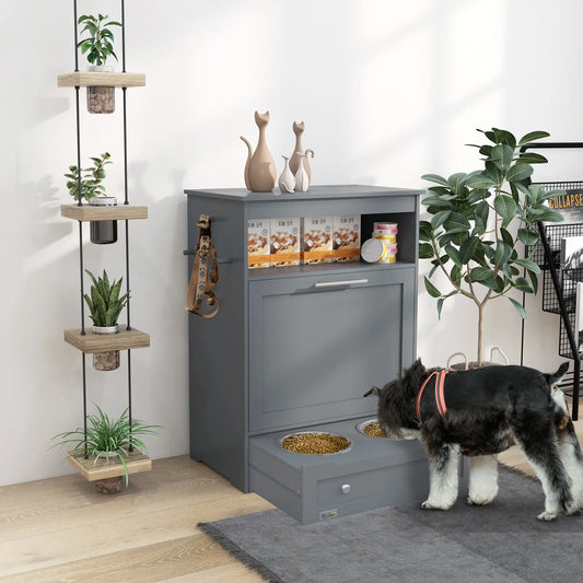 Pet Feeder Storage Cabinet, Dog Food Container with Bowls, Grey