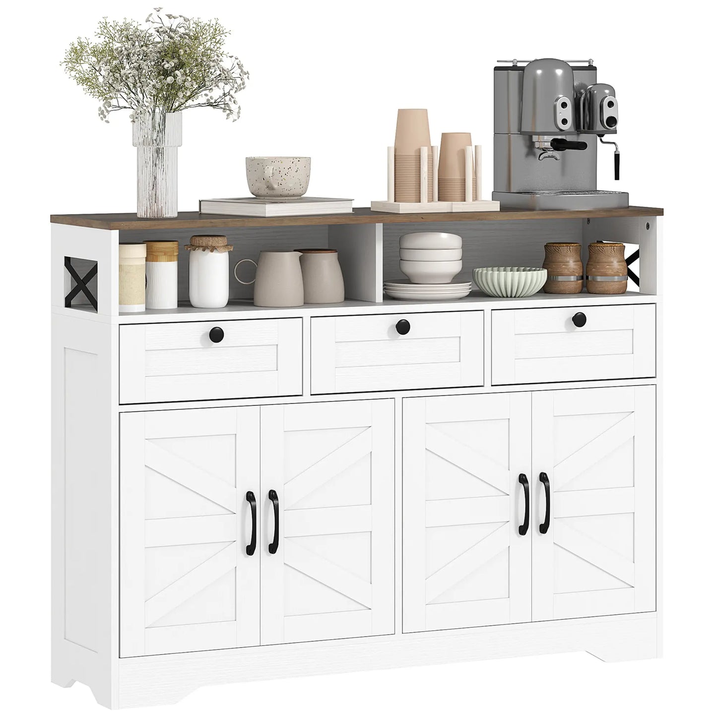 Sideboard, Buffet Cabinet with 4 Barn Doors, 3 Drawers, White Storage Cabinets at Gallery Canada