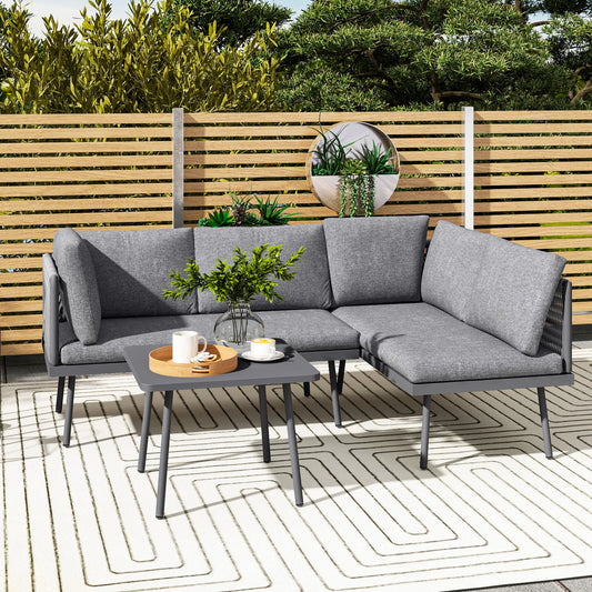 3 Pc Outdoor Furniture Set, L Shaped Wicker, Steel Table, Grey Patio Furniture Sets Grey at Gallery Canada