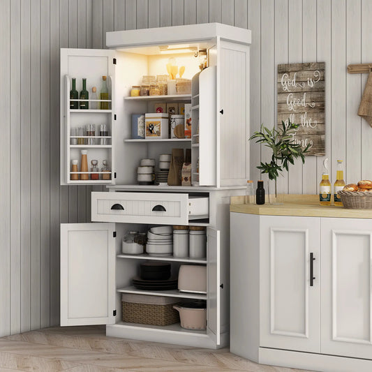 71" Kitchen Pantry Cabinet, LED Lights, 6 Spice Racks, Drawer, 4 Shelves, White Kitchen Pantry Cabinets White at Gallery Canada