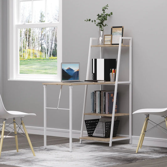 Computer Desk with Storage Shelves, Foldable Tabletop, White, Natural Writing Desks White, Wood Grain at Gallery Canada