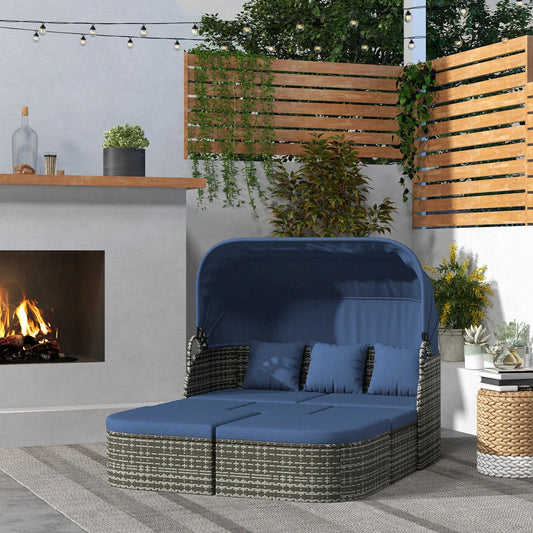 6-Piece Patio Set, PE Rattan Outdoor Daybed, Canopy, Lift Up Table Patio Furniture Sets Navy Blue at Gallery Canada