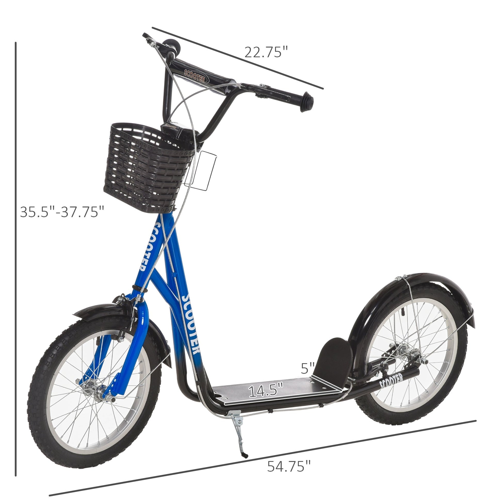 Kick Scooter for kids Teen Ride On Children Scooter with Adjustable Handlebar 2 Brakes Basket Cupholder Mudguard 16" Inflatable Rubber Tyres Blue at Gallery Canada