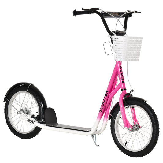 Kick Scooter for kids Teen Ride On Children Scooter with Adjustable Handlebar 2 Brakes Basket Cupholder Mudguard 16" Inflatable Rubber Tyres Pink - Gallery Canada
