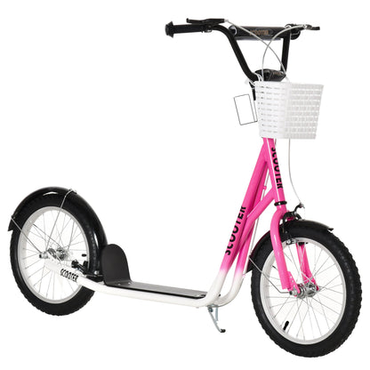 Kick Scooter for kids Teen Ride On Children Scooter with Adjustable Handlebar 2 Brakes Basket Cupholder Mudguard 16" Inflatable Rubber Tyres Pink at Gallery Canada