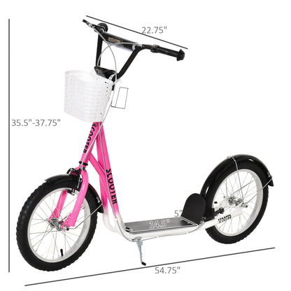 Kick Scooter for kids Teen Ride On Children Scooter with Adjustable Handlebar 2 Brakes Basket Cupholder Mudguard 16" Inflatable Rubber Tyres Pink at Gallery Canada
