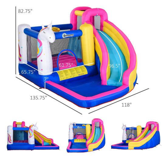 Kids 5 in 1 Inflatable Bounce Castle House, Trampoline Water Slide Pool Climbing Wall with Inflator for Kids Age 3-12 Summer 12.4' x 10.5' x 6.9' - Multi-color - Gallery Canada